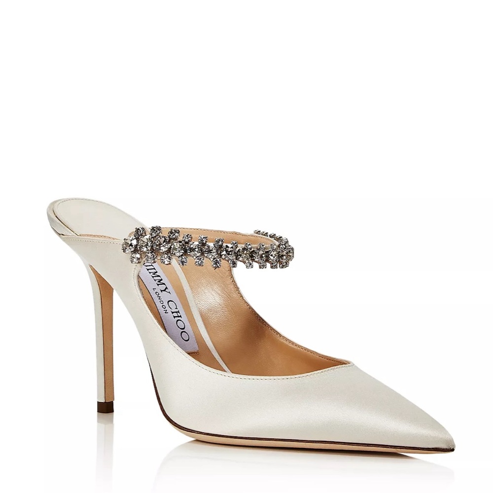 Jimmy Choo Women's Bing 100 Embellished High Heel Mules, White Satin